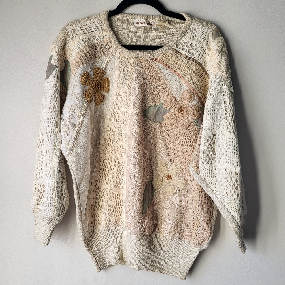 Au contraire vintage tan knit crochet lace flower front crew neck sweater Sz M
